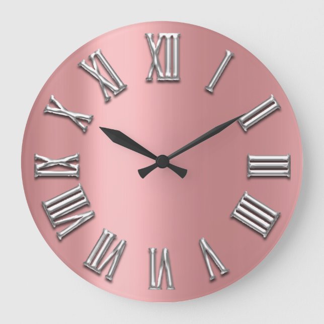 Rose Gray Gray Metal Gray Silver Roman Number Large Clock (Front)