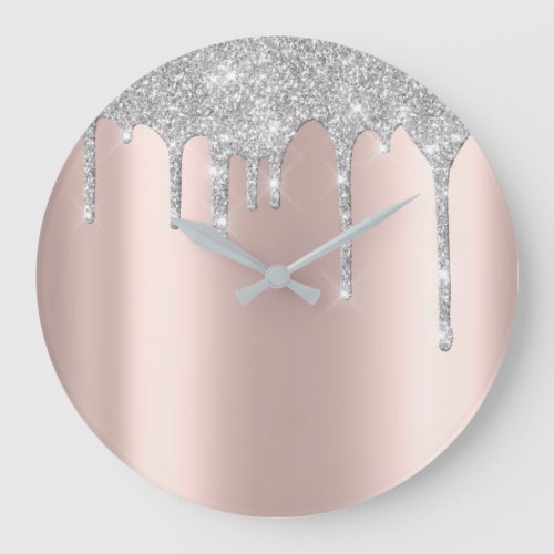 Rose Gray Metal Spark Glitter Drip Blush Glitter Large Clock
