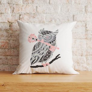 Rose Great Horned Owl Throw Pillow