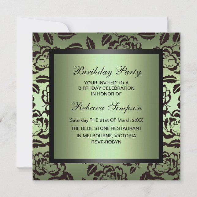 Rose Green & Black Birthday Invitation (Front)