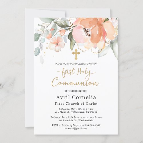 Rose Green Foliage Cross First Communion  Invitation