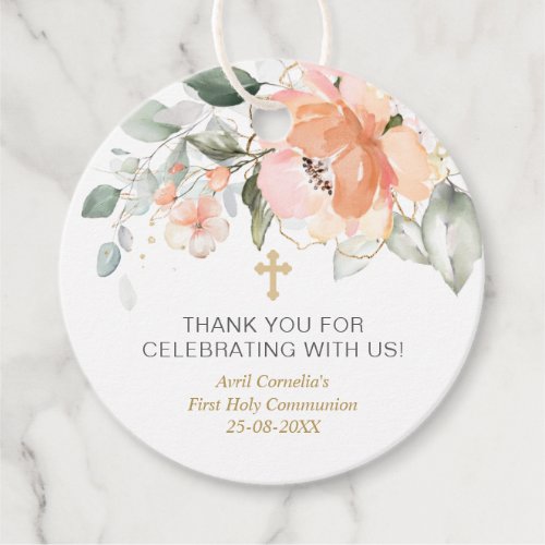 Rose Green Foliage First Communion Baptism Favor Tags