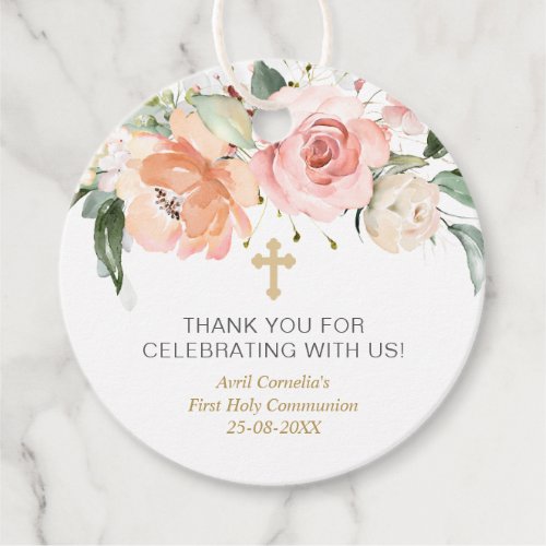 Rose Green Foliage First Communion Baptism Favor Tags