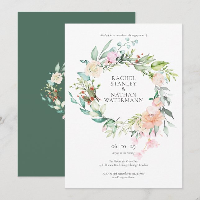 Rose Greenery Watercolour Garland Engagement Party Invitation (Front/Back)