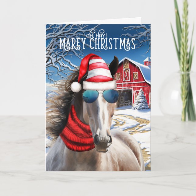 Rose Grey Horse Funny MAREy Christmas Holiday Card (Front)