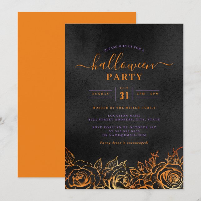 Rose Halloween Orange Black Party  Invitation (Front/Back)