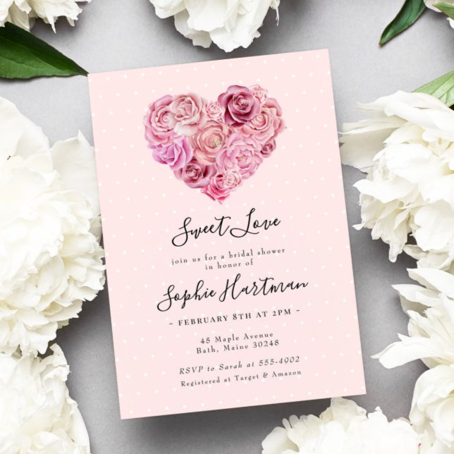 Rose Heart Floral Pink Bridal Shower Invitation
