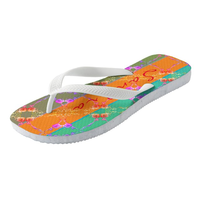 Rose Heart Teal, Apricot, and Moss Flip Flops (Angled)