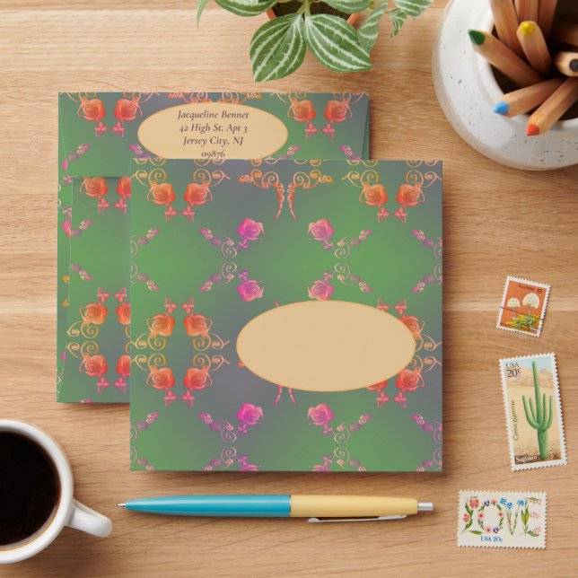 Rose Hearts and Plum Stationery Envelope (Desk)