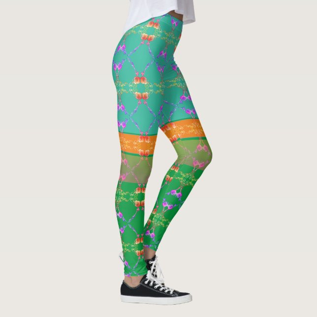 Rose Hearts on Teal and Apricot  Leggings (Right)