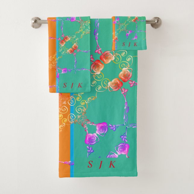 Rose Hearts on Teal, Apricot, Moss Towel (Insitu)