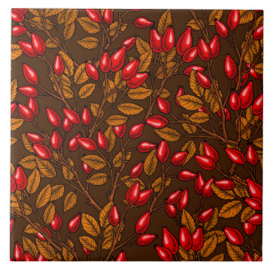 Rose hips, brown and red ceramic tile