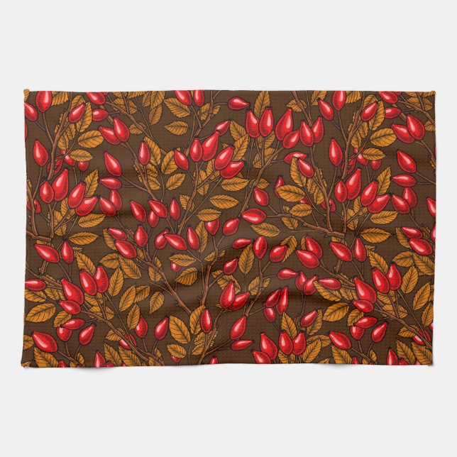 Rose hips, brown and red kitchen towel (Horizontal)