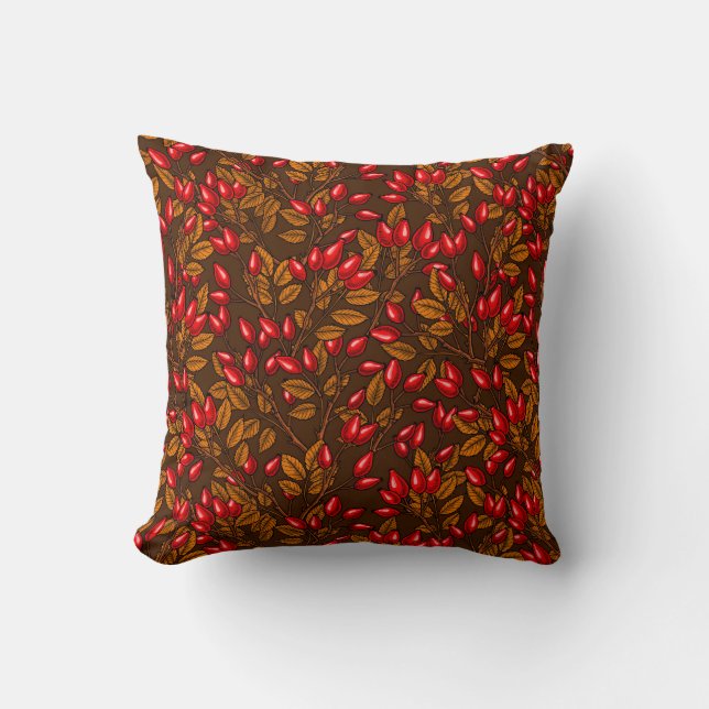 Rose hips, brown and red throw pillow (Front)