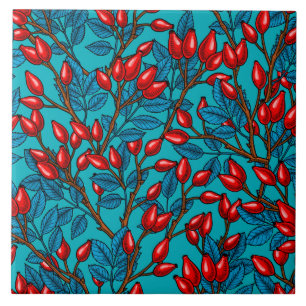 Rose hips, red and blue ceramic tile