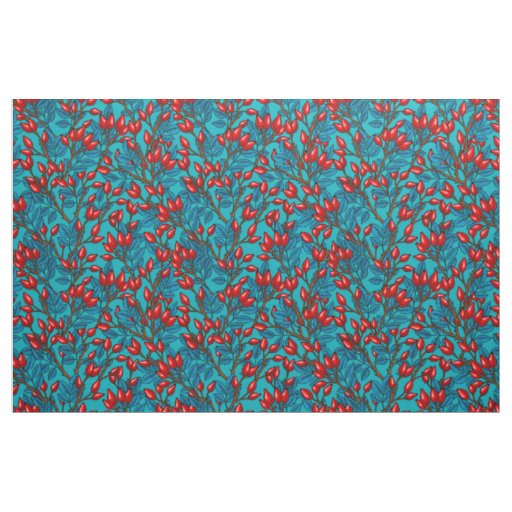 Rose hips, red and blue fabric