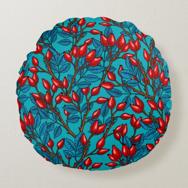 Rose hips, red and blue round pillow (Front)