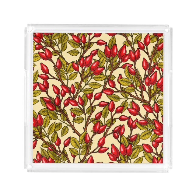 Rose hips, red, green, yellow acrylic tray (Front)