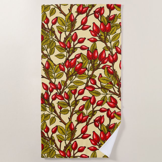 Rose hips, red, green, yellow beach towel (Front)