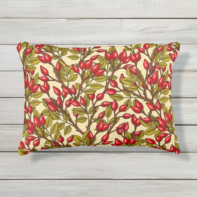 Rose hips, red, green, yellow outdoor pillow (Front)