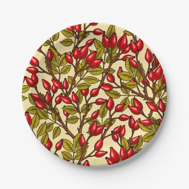 Rose hips, red, green, yellow paper plates (Front)