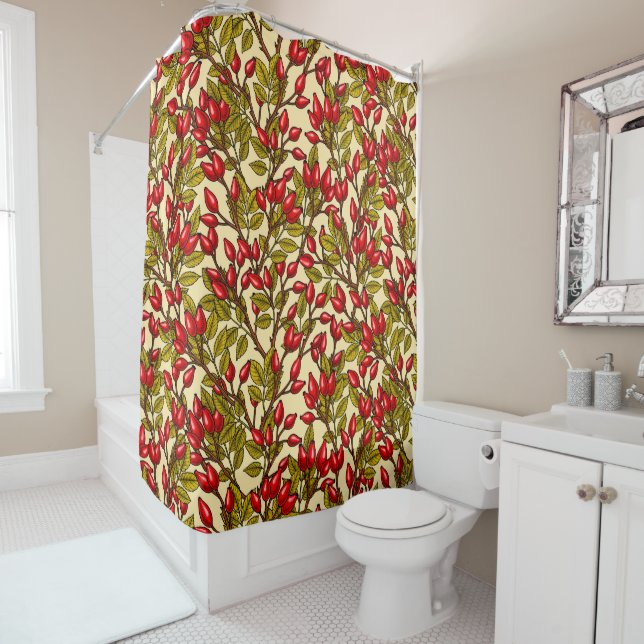 Rose hips, red, green, yellow shower curtain (In Situ)