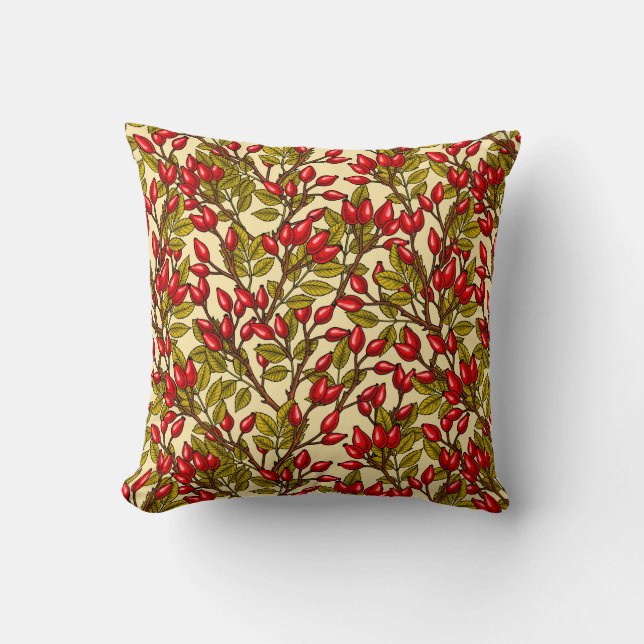 Rose hips, red, green, yellow throw pillow (Front)