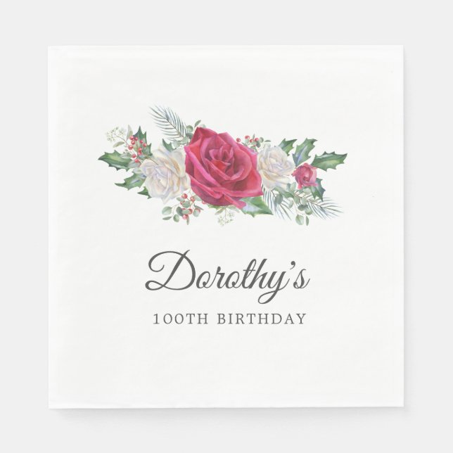 Rose Holly Winter Botanical 100th Birthday Napkins (Front)