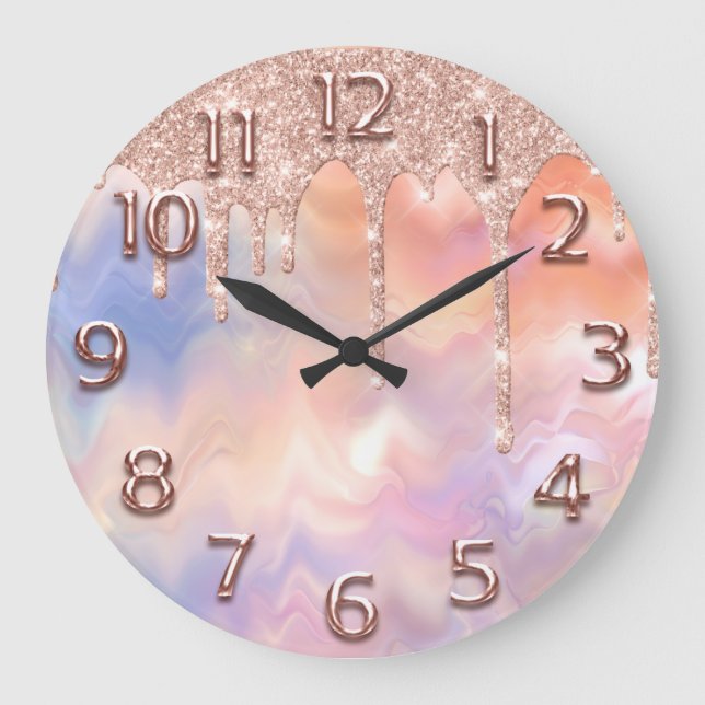 Rose Holograph  Number Glitter Drip Blush Glitter Large Clock (Front)