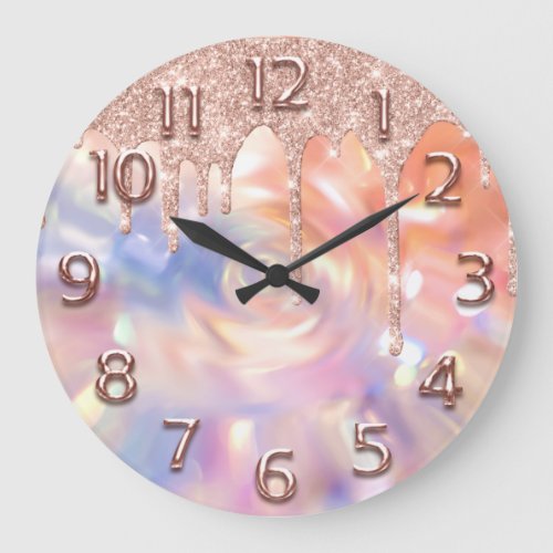 Rose Holograph  Number Glitter Drips Pink Glitter Large Clock
