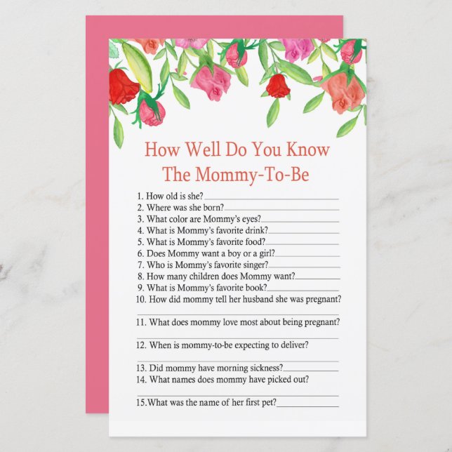 Rose How well do you know baby shower game (Front/Back)