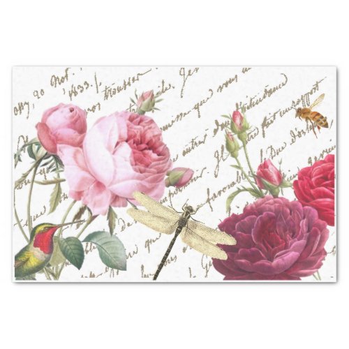 Rose Hummingbird Dragonfly French Script Honeybee  Tissue Paper