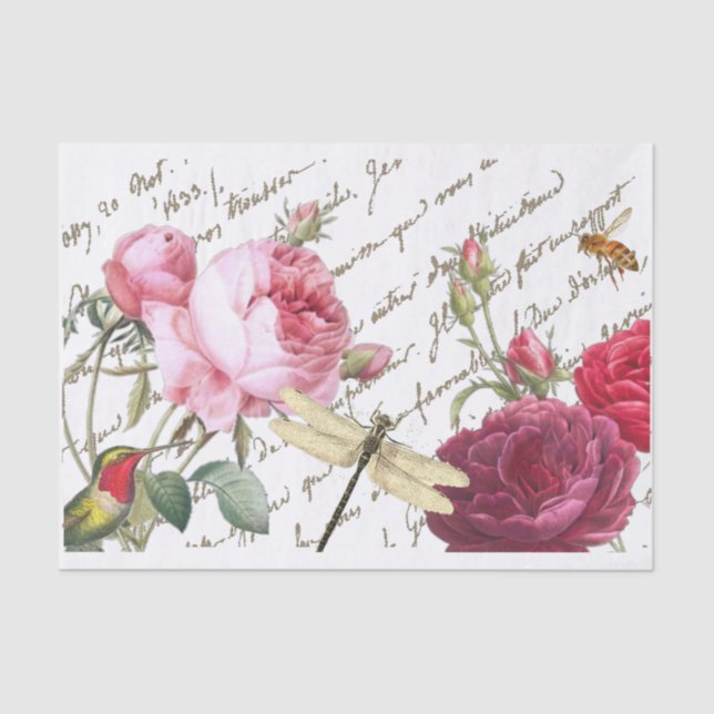 Rose Hummingbird Dragonfly French Script Honeybee  Tissue Paper (Front)