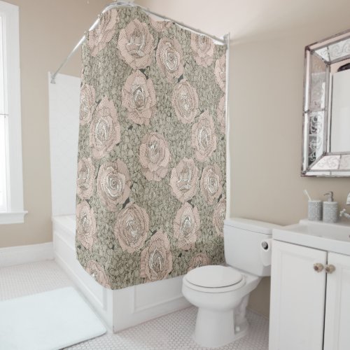 rose hydrangea floral pale peach tea dark shower curtain