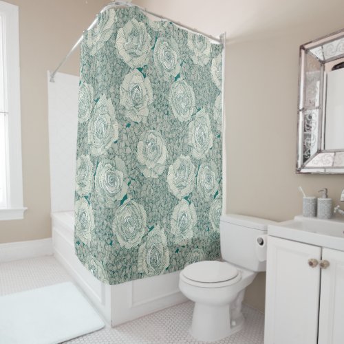 rose hydrangea floral pearl dark teal viridian shower curtain
