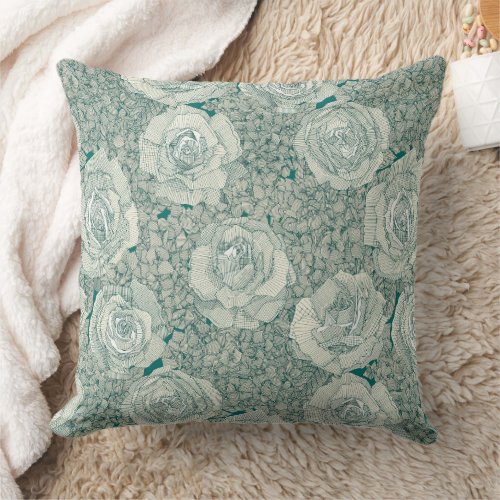 rose hydrangea floral pearl dark teal viridian throw pillow