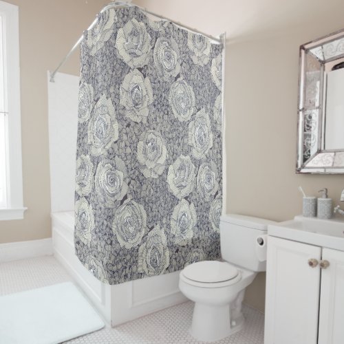 rose hydrangea floral pearl navy plum shower curtain