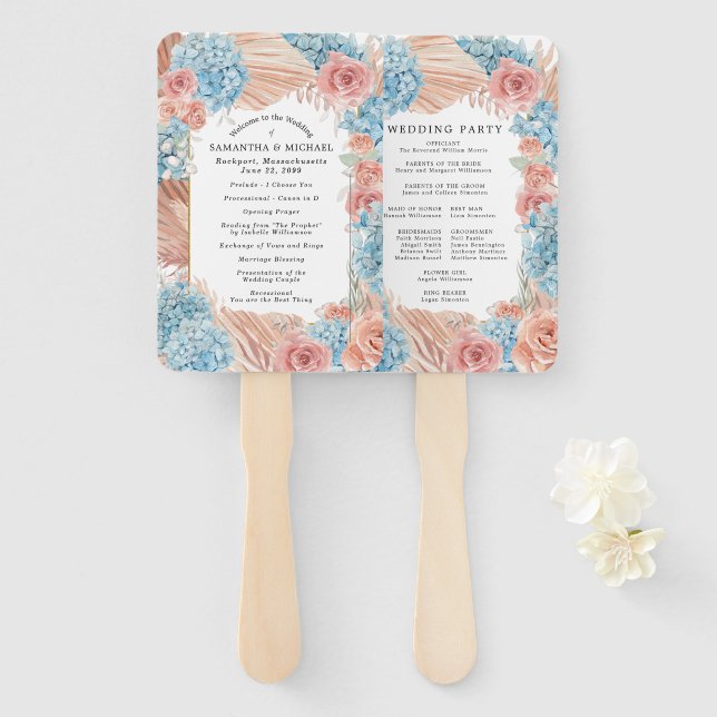 Rose Hydrangea Wedding Program Hand Fan (Front and Back)