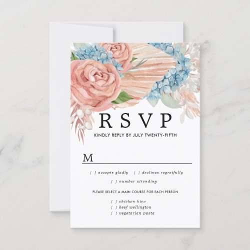Rose Hydrangea Wedding RSVP Card Meal Options