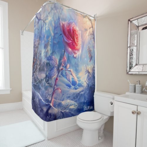rose in a ice valley sunset shower curtain