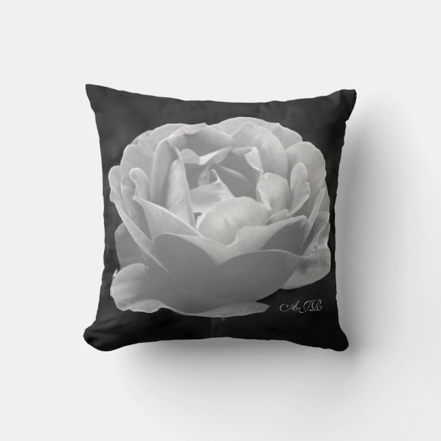 Rose In Black And White - Monogram Throw Pillow (Front)