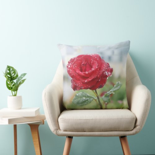 Rose in raindrops  throw pillow