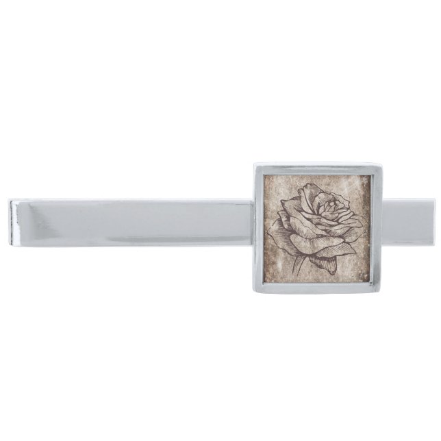 Rose Ink Drawing Silver Finish Tie Bar (Front)