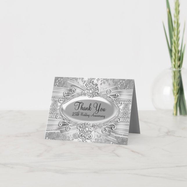 Rose & Jewel Silver 25th Anniversary Thank You Card (Front)