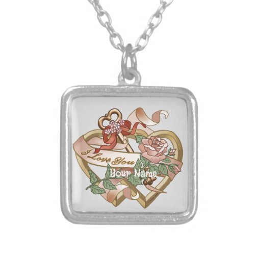 Rose Key Double Hearts Silver Plated Necklace