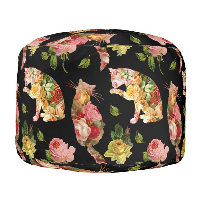 Rose Kitties Vintage Floral Ottoman Pouf (Left)