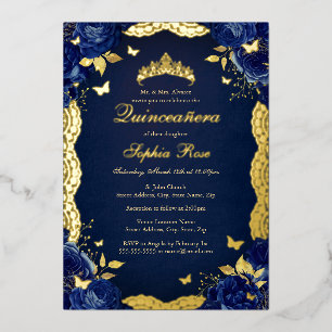 Rose Lace Butterfly Navy Quinceanera Birthday  Foil Invitation