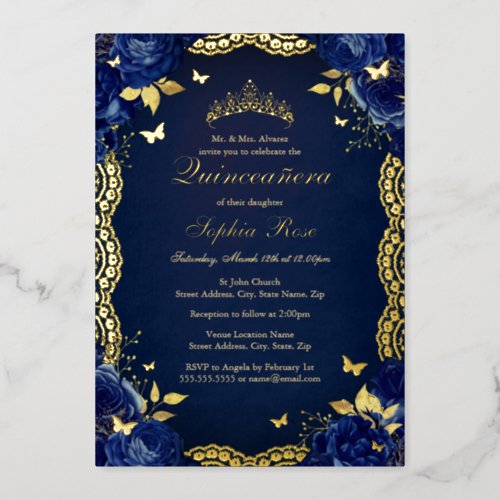 Rose Lace Butterfly Navy Quinceanera Birthday  Foil Invitation