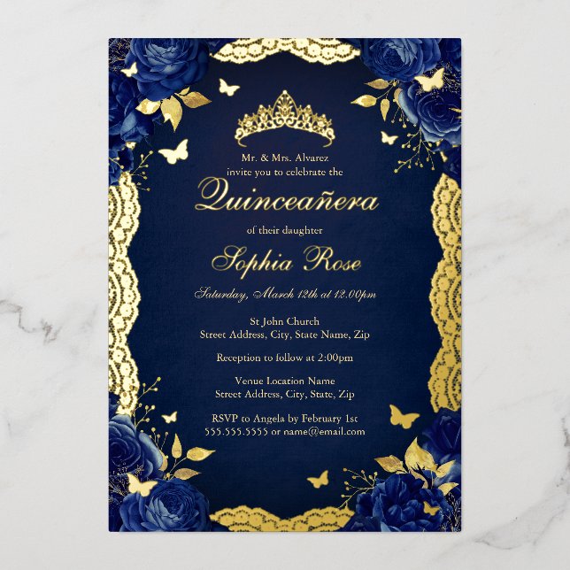 Rose Lace Butterfly Navy Quinceanera Birthday  Foil Invitation (Front)