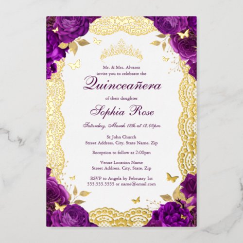 Rose Lace Butterfly Purple Quinceanera Birthday  Foil Invitation